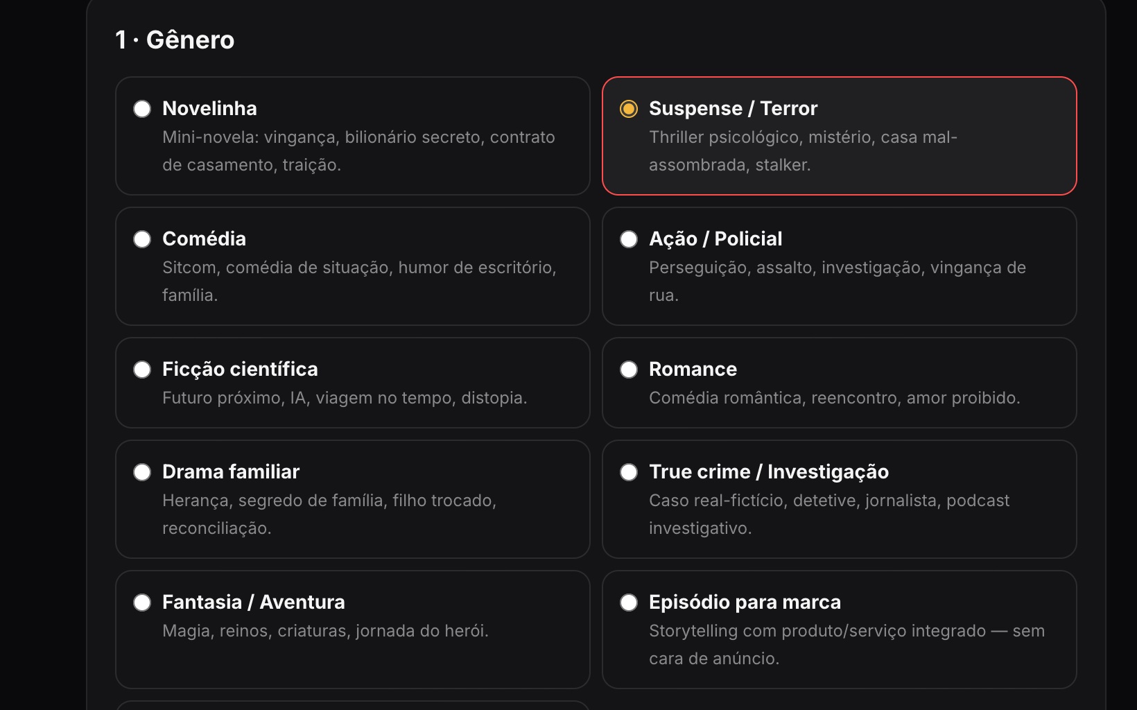 Escolha o gênero — tela real do estúdio