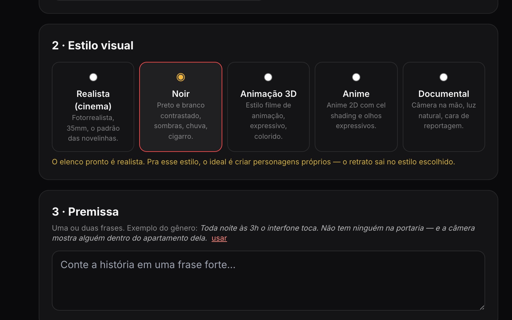 Estilo visual e premissa — tela real do estúdio