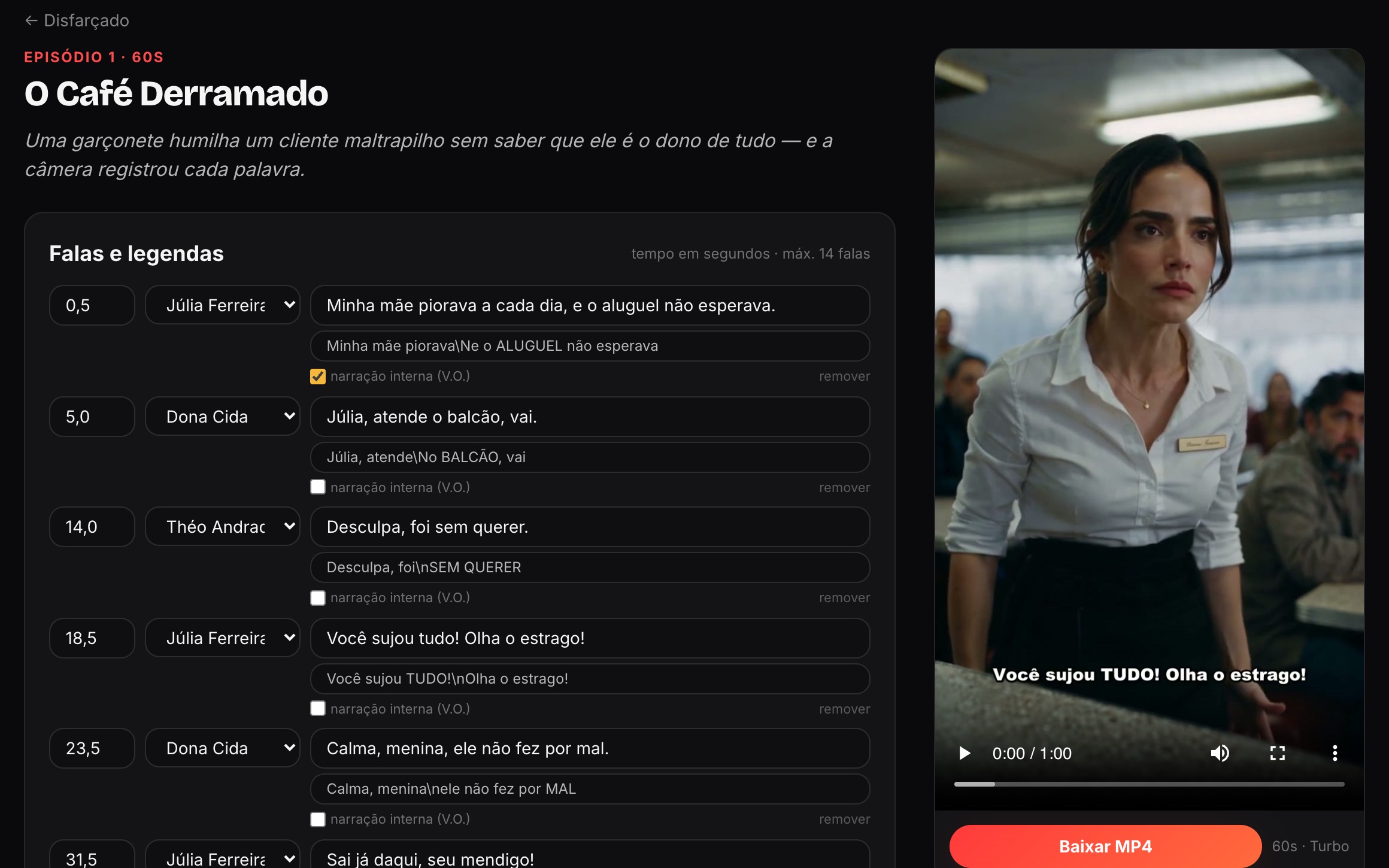 Edite, renderize, baixe — tela real do estúdio